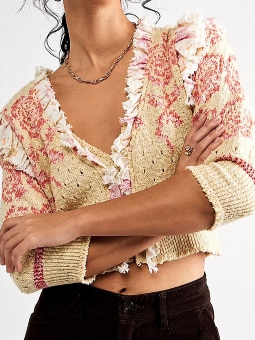 Free People Rose Garden Cardigan S Floral Ruffle Trim Cropped Boho Knit Sweater